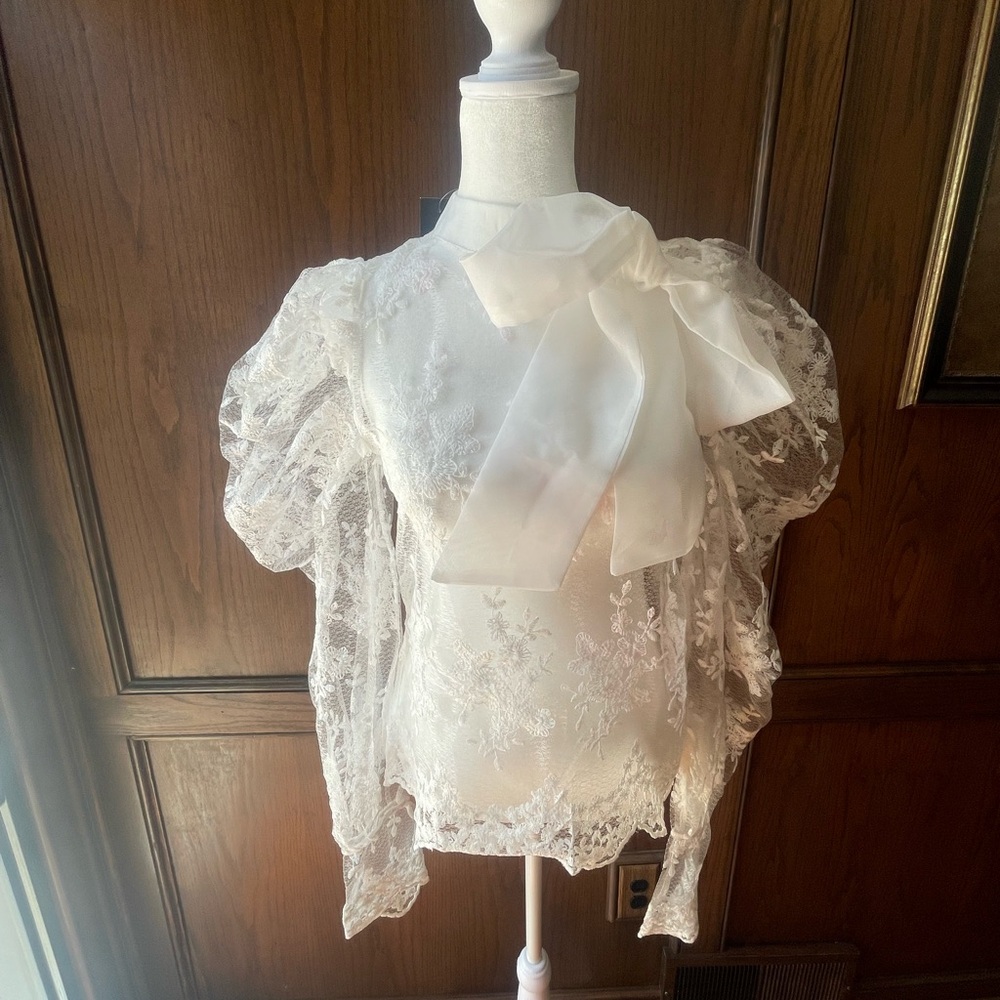 Elegant White Lace Blouse with Bow